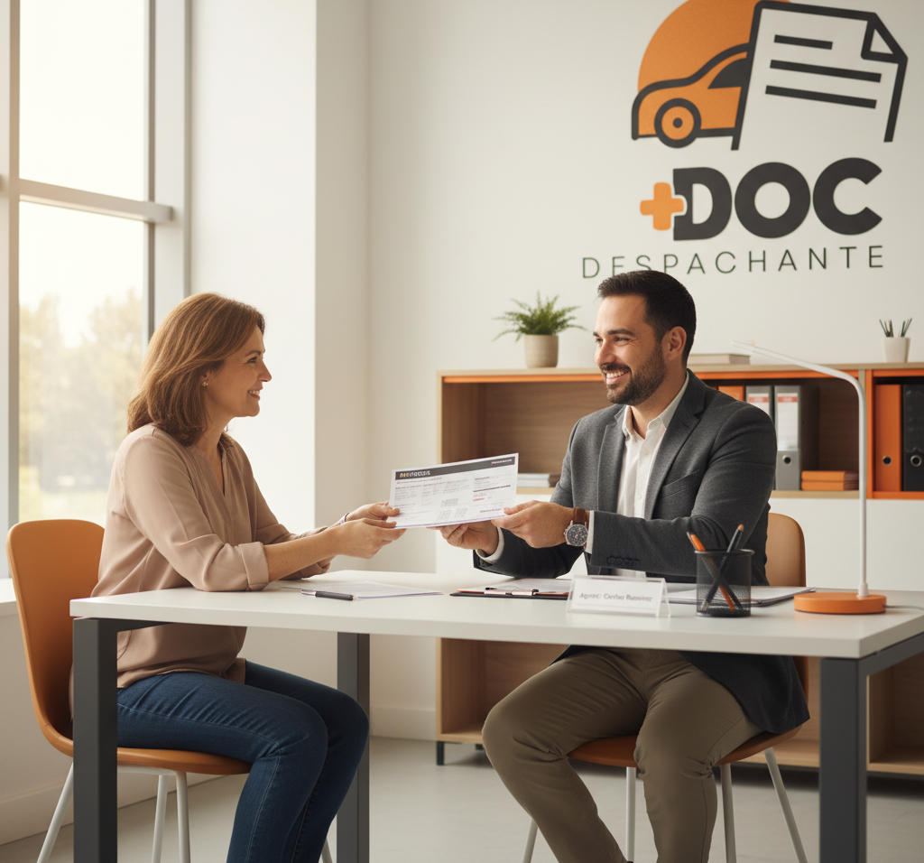 Atendimento da MaisDOC em escritório claro, despachante entregando documentação veicular para cliente satisfeita, ambiente acolhedor com identidade visual laranja e cinza, fotografia realista