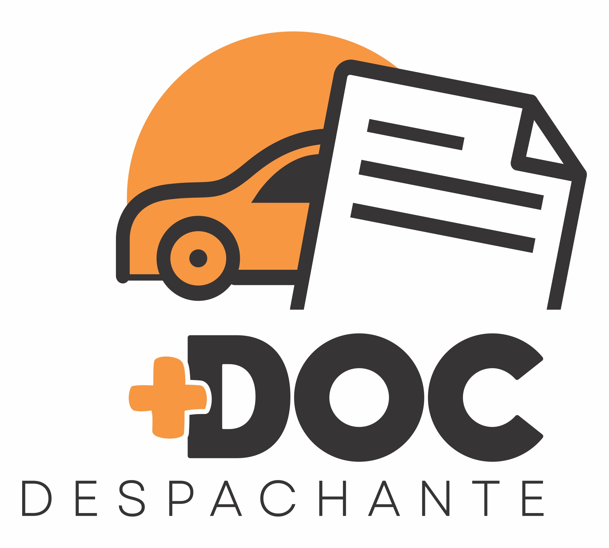 Logo MaisDOC Despachante, ícone de carro laranja com documento e texto +DOC Despachante em cinza escuro